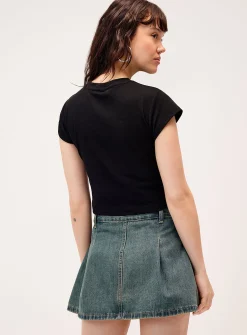 Washed denim pleated miniskirt