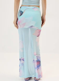 Watercolour floral mesh maxi skirt