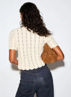 Waves and openwork polo collar cropped cardigan